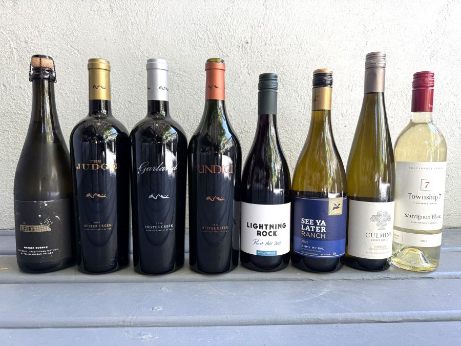 </who>Call any one of these wines up for Father's Day or the summer solstice. From left, Laughing Stock Market Bubble 2021 ($40), Hester Creek 2022 The Judge ($50), Hester Creek 2022 Garland ($65), 2022 Hester Creek Undici ($60), Lightning Rock 2022 Pinot Noir ($38), See Ya Later Ranch 2025 Jimmy My Pal ($19), Culmina 2025 Unicus Gruner Veltliner ($35) and Township 7 Provenance Series 2025 Sauvignon Blanc ($27).