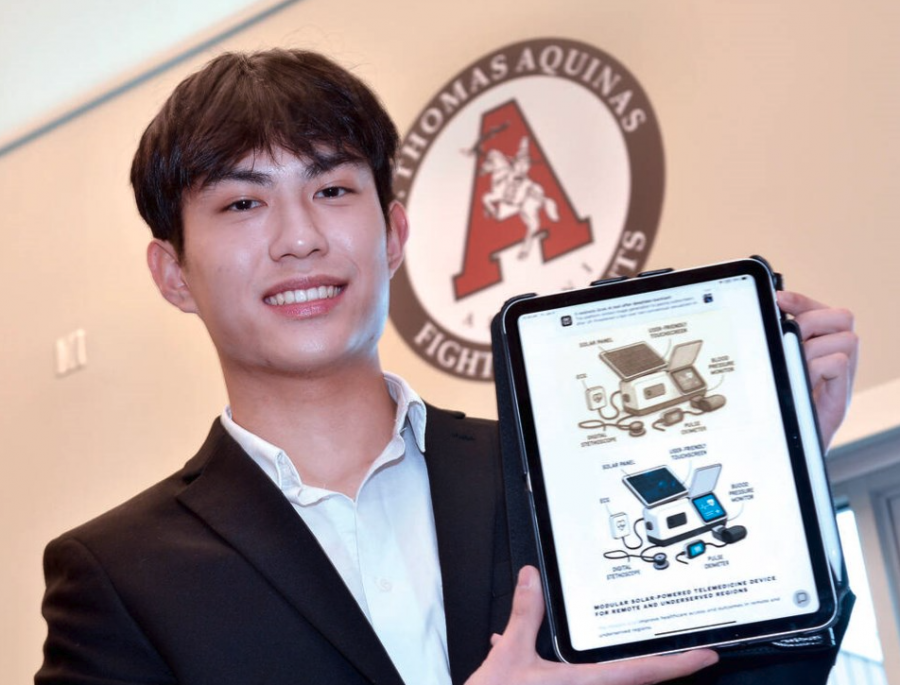 <who> Photo credit: Paul McGrath / North Shore News </who> St. Thomas Aquinas Grade 12 student Jonathan Weng has recently filed a provisional patent for a solar-powered medical device for off-grid clinics.