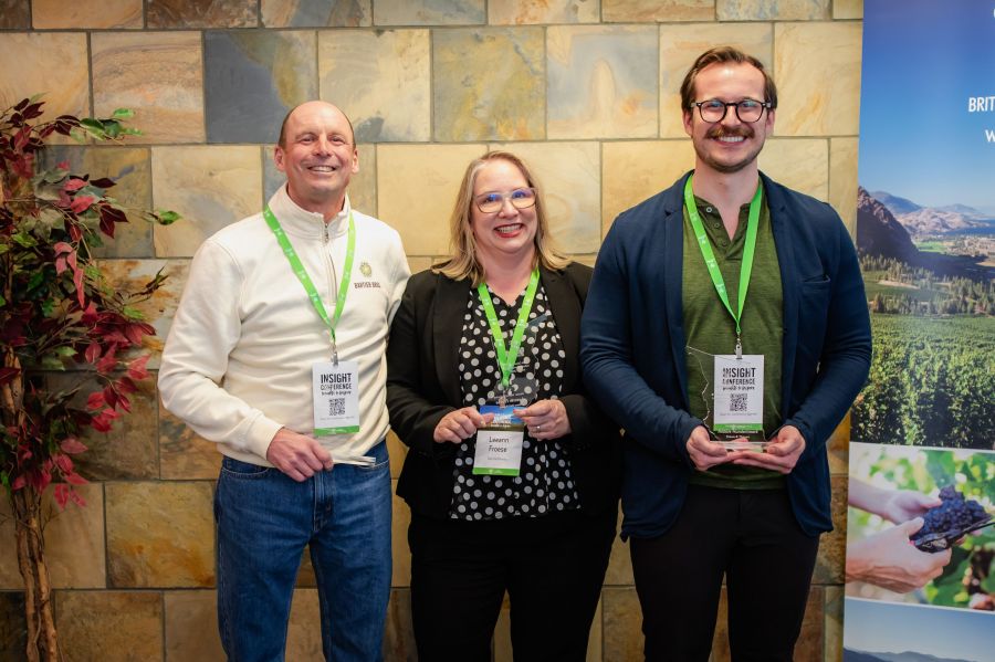 <who>Photo credit: Wine Growers BC</who>Winners from the BC Wine Industry Recognition Awards. From left, Michael Bartier from Bartier Brothers Winery, Leeann Froese from Town Hall Brands and Robbie Hundertmark from Crown & Thieves Winery.