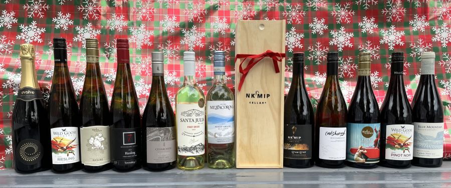 <who>Photo credit: Steve MacNaull/NowMedia Group</who>Welcome these wines to the Christmas dinner table. From left, Evolve 2020 Premiere Brut ($44), Wild Goose 2023 Riesling ($21), Blasted Church 2023 Small Blessings Riesling ($30), Township 7 Benchmark Series 2021 Riesling ($30), CedarCreek Platinum Pinot Gris 2023 ($42), Santa Julia Plus 2023 Pinot Grigio ($20), Mezzacorona 2023 Pinot Grigio ($18), Nk'Mip Qwam Qwnt 2021 Chardonnay ($36) with wood gift box, Coolshanagh 2019 Chardonnay ($30), Blasted Church 2022 Pinot Noir ($33), Wild Goose 2022 Pinot Noir ($30) and Blue Mountain 2022 Estate Cuvee Gamay Noir ($26).