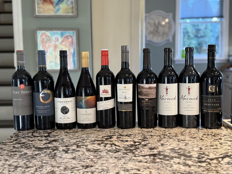 </who>From left, Fort Berens 2022 Cabernet Franc Reserve ($44), Phantom Creek Petite Cuvee 2020 ($38), Stoneboat 2022 Pinot Noir ($30), CedarCreek 2024 Pinot Noir ($31), Road 13 Seventy-Four K 2021 ($28), Mission Hill Reserve 2021 Merlot ($35), MIssion HIll 2022 Terroir Collection Meritage (wine club only), Maverick 2021 Merlot ($35), Maverick 2022 Cabernet Franc ($35) and Gray Monk 2020 Odyssey Meritage ($40).