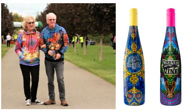 </who>Vibrant Vine owners Marion and Wyn Lewis in happier times, wearing psychedelic garb to match the labels of the wines.